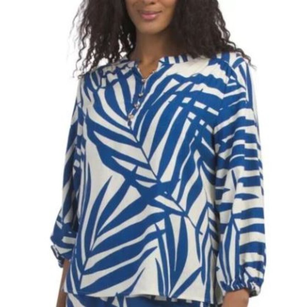 NWT GEMMA+ JANE Blue Palm Print Linen Blend Top Size XS